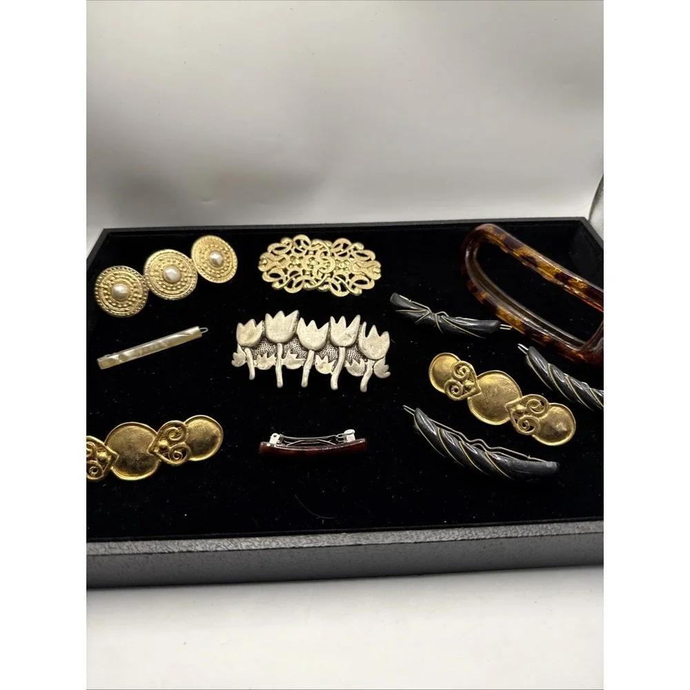 Lot of 11 Vintage Metal Barrettes Hair Clips Hair Accessories Gold Silver Wood T